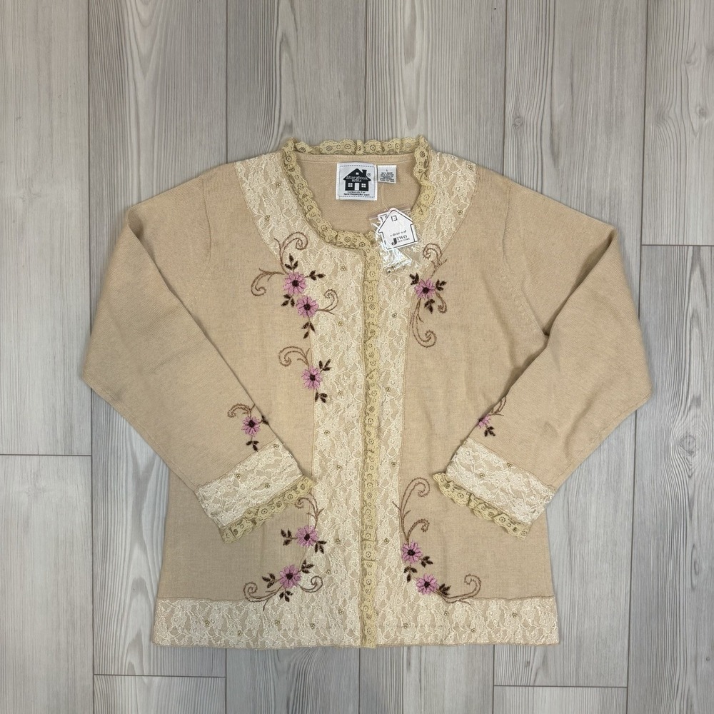 NWT Storybook Knits Cardigan Large Embroidered Lace Floral Cottagecore Sweater